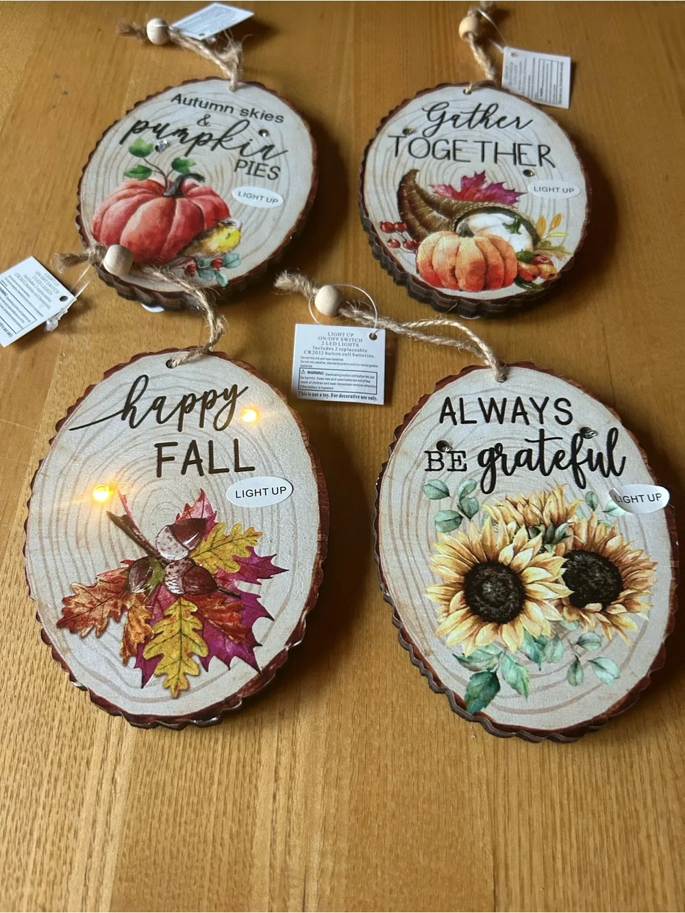 Autumn Harvest Light Up Decorative Wood Slice Hanging Signs